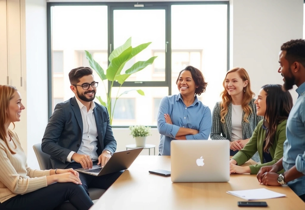 Happy diverse group of employees in a modern office