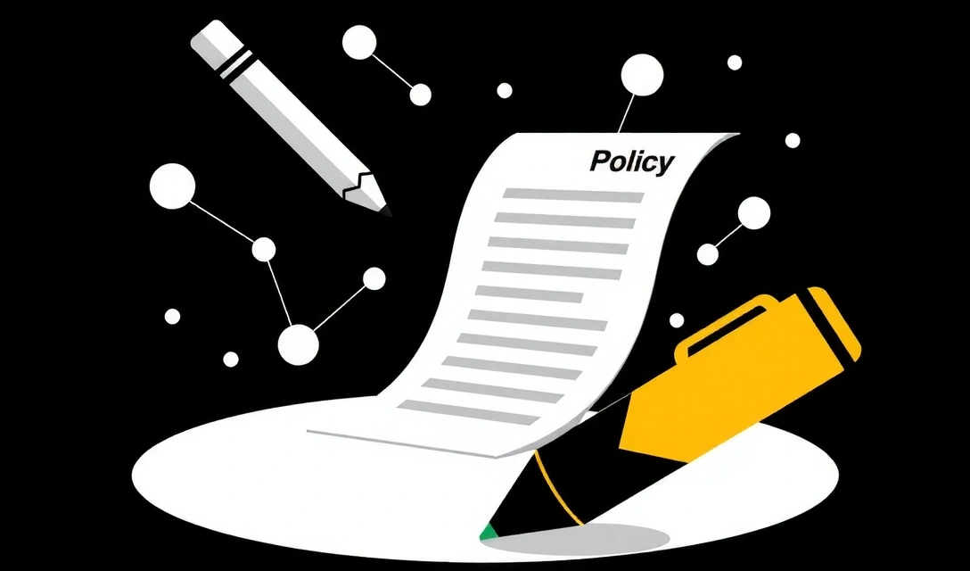 Illustration of a document being updated with a pen, surrounded by digital elements, symbolizing policy changes.