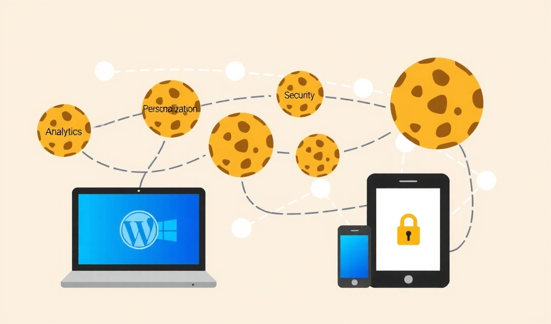 Illustration of various cookies being used on a website, symbolizing data collection and user experience