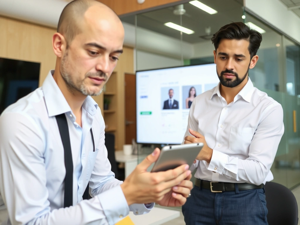 Professional demonstrating software on a tablet to a client
