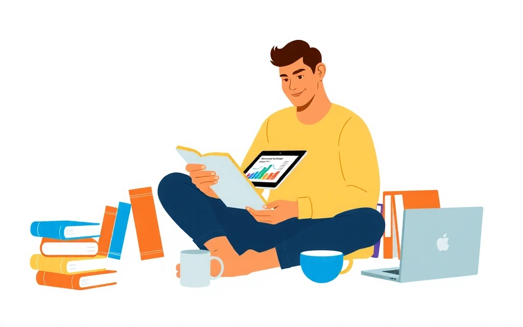 A person reading a digital tablet with charts and graphs, surrounded by books and a laptop, symbolizing learning and resources