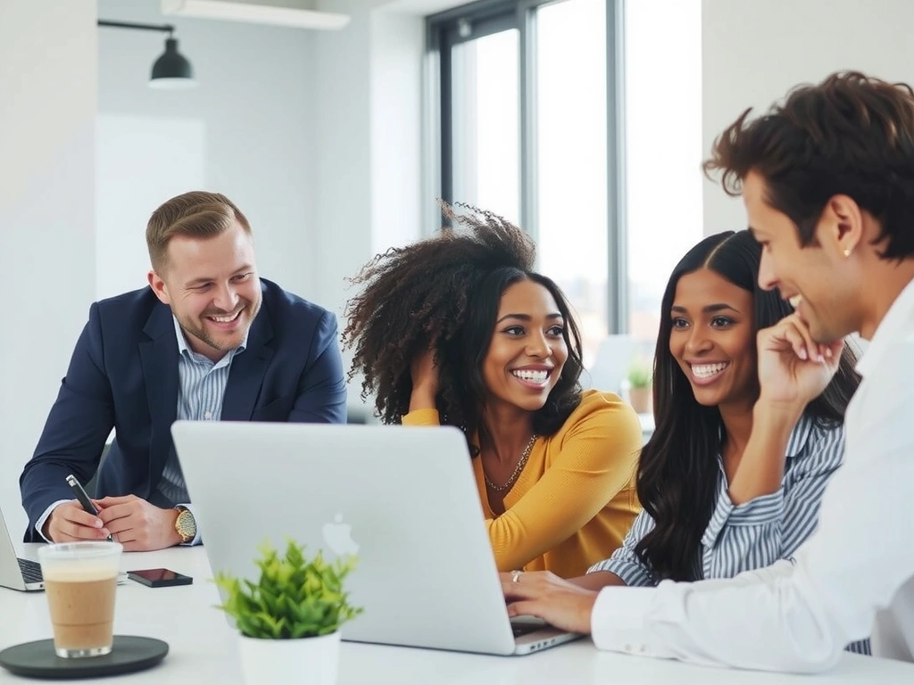 Happy diverse team collaborating in a modern office space