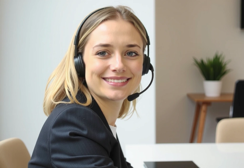 A friendly customer support representative wearing a headset, smiling and ready to assist, in a modern office setting