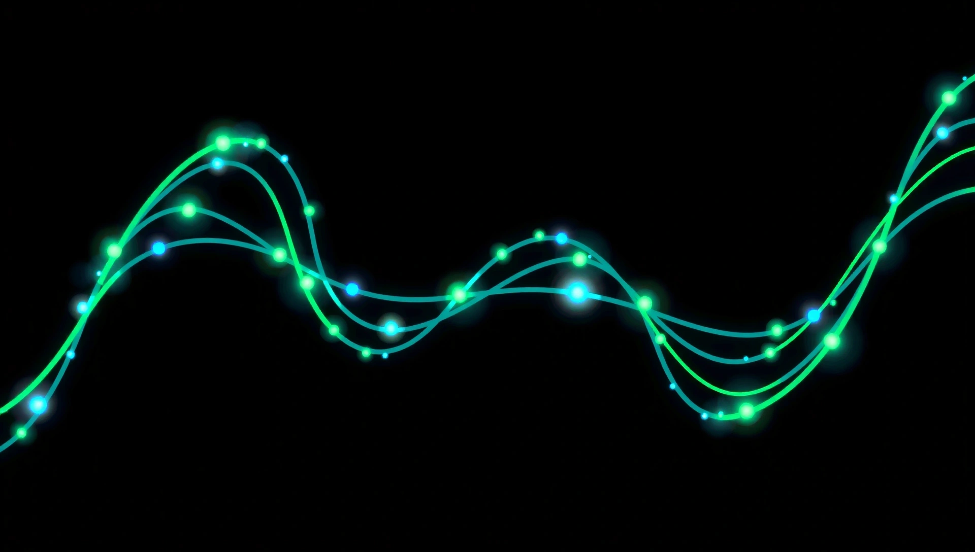 Abstract data flow with green and blue particles