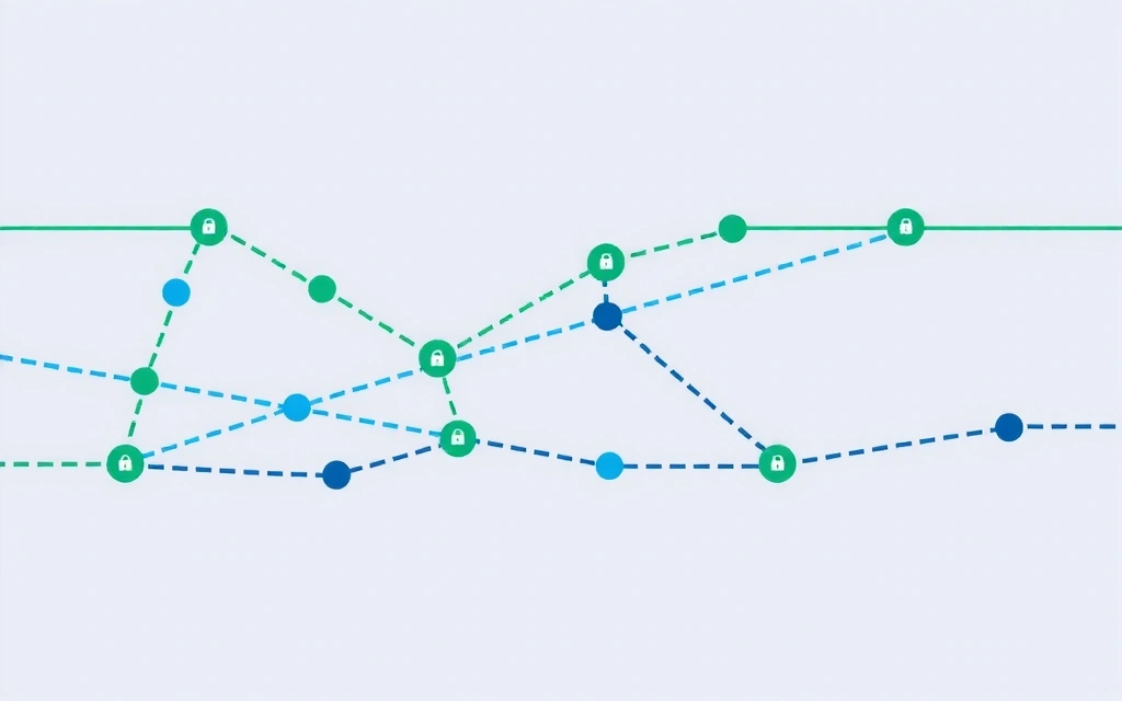 An abstract illustration showing data flowing securely through a network, with small lock icons at connection points, representing secure data transmission.