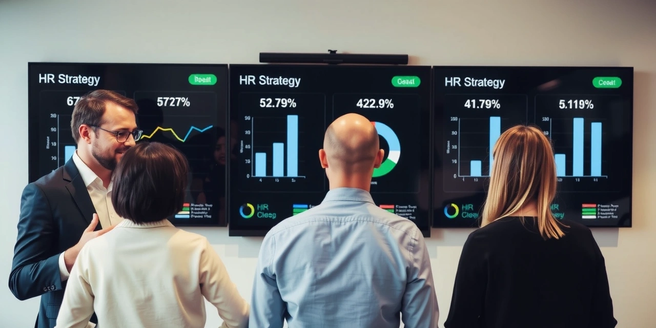Team collaborating on HR strategy with digital dashboards