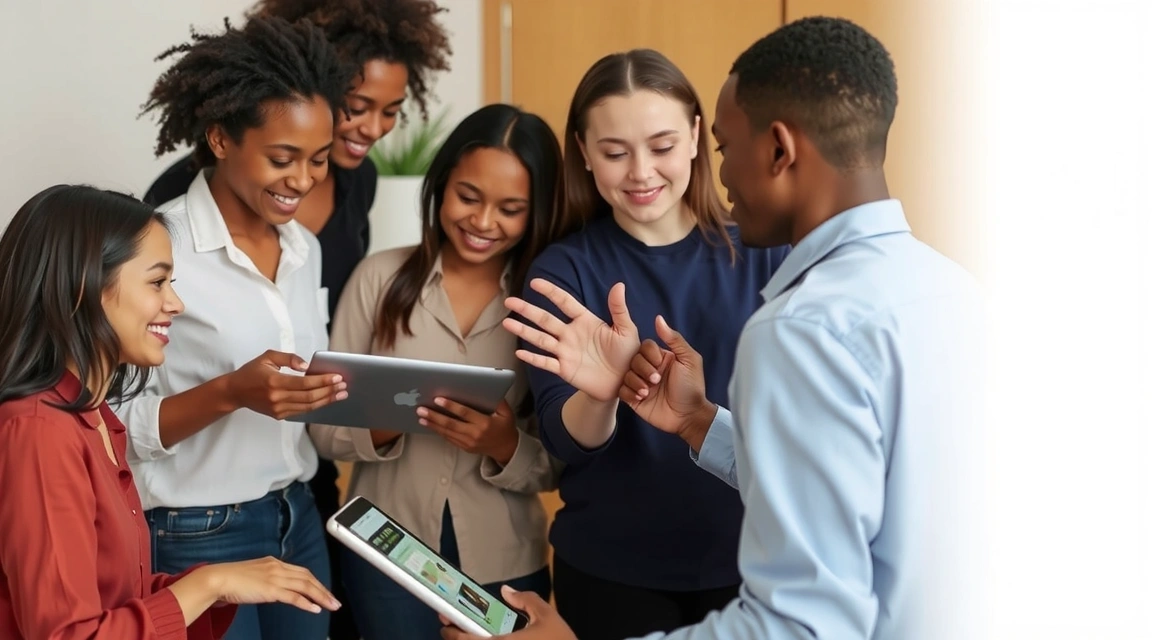 Diverse group of users interacting with digital content on various devices, showing collaborative creation