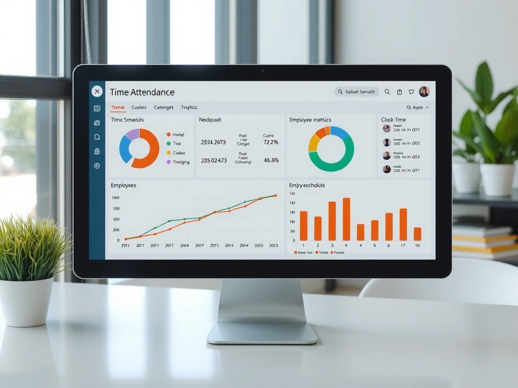 Detailed dashboard showing time and attendance metrics, charts, and employee schedules